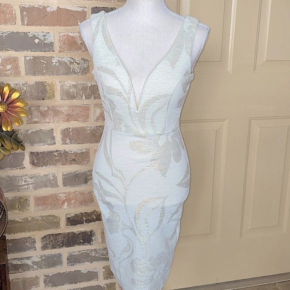 Windsor Cream Silver Gold Jacquard Dress Deep Plunge Backless Boned Bodice Sz S - Picture 15 of 15